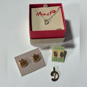 ‘D’ Initial Jewelry Lot Monet 2 Necklace Avon Gold Heart Locket Post Earrings